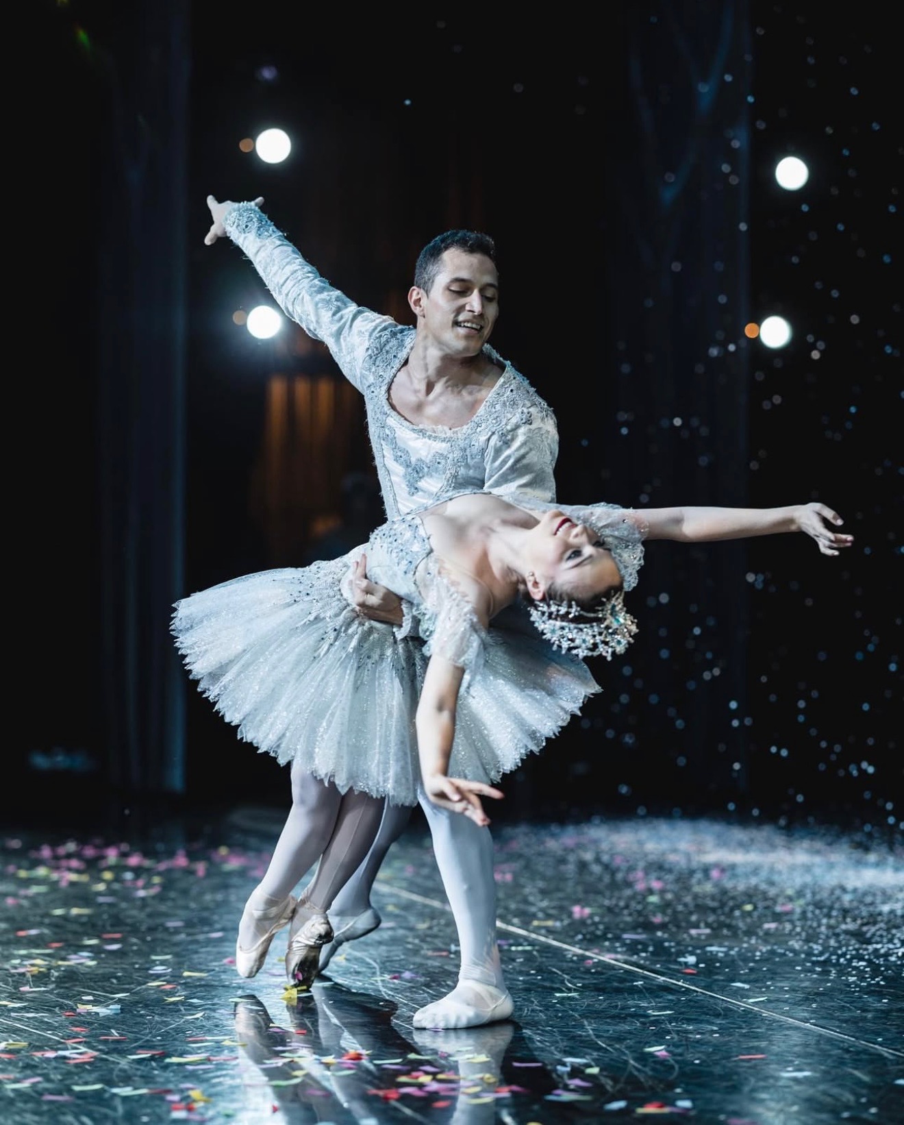 Winter pas de deux under falling snow